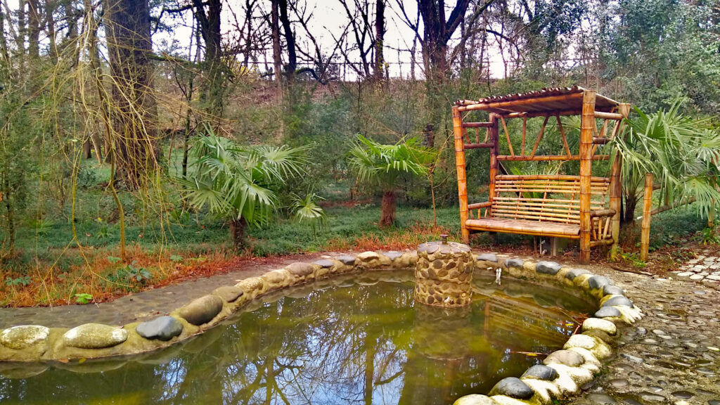 A bamboo bench and cover next to a stone-surround pond in Kutaisi Botanical Garden. Lush greenery surround the bench and pond