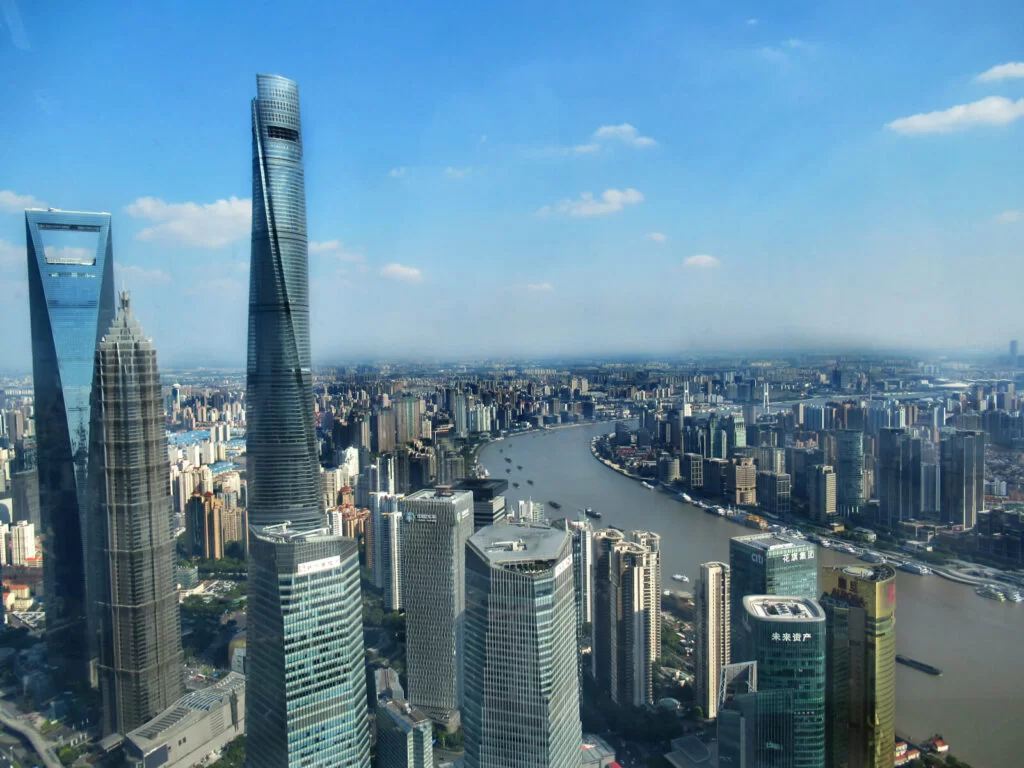 The view from the Shanghai TV tower at 351 metres up from the ground! This is a must visit on any Shanghai 5-day itinerary!