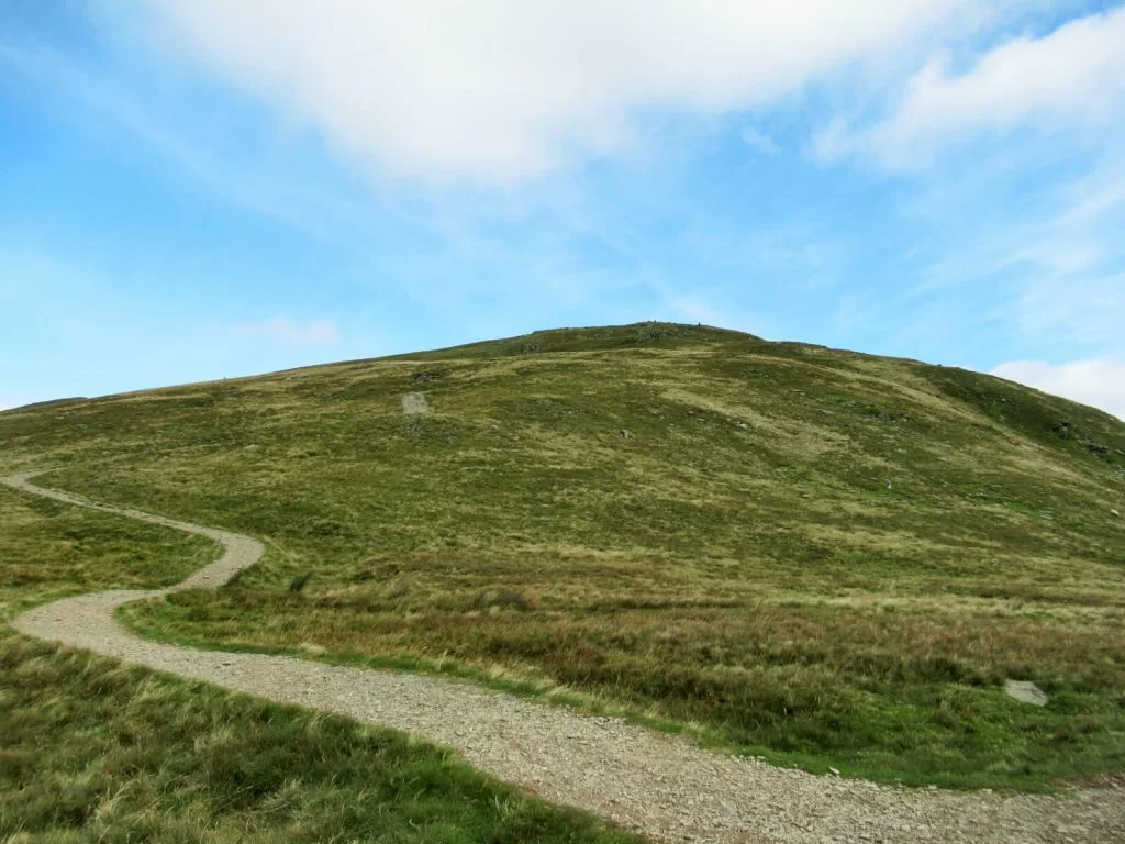 Looking up at Brown Pike as you leave Walna Scar Road to reach the first of 4 peaks on this Old Man of Coniston circular walking route