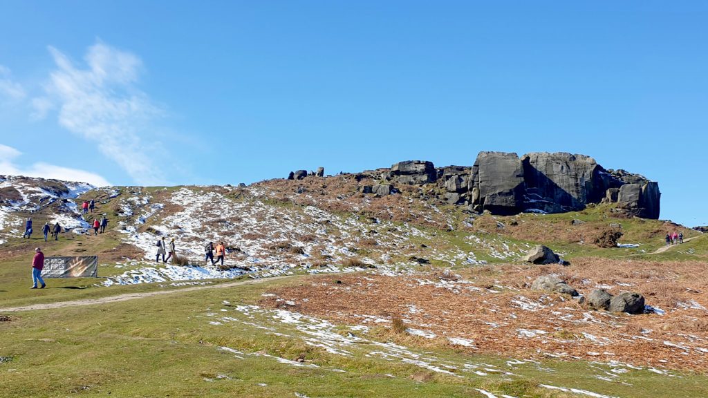 The iconic Cow and Calf rocks next to the Ilkley Moor Car Park. The path on the left is that which takes you to many of the Ilkley Moor walks described in this blog post.