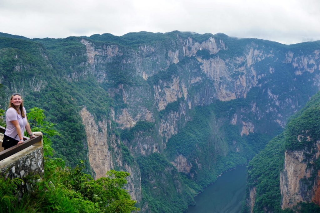 Zoe stood at one of the three viewpoints over the Sumidero Canyon. In the background the steep canyon walls drop into the river.