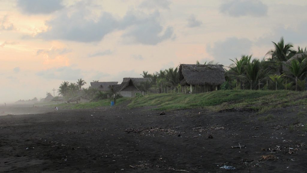 Looking along the pacific coast in El Paredon, the black sand of the beach is clearly visible