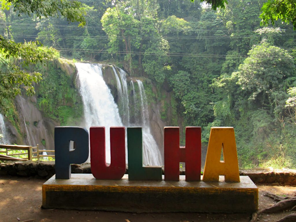 Pulha sign overlooking the waterfalls behind