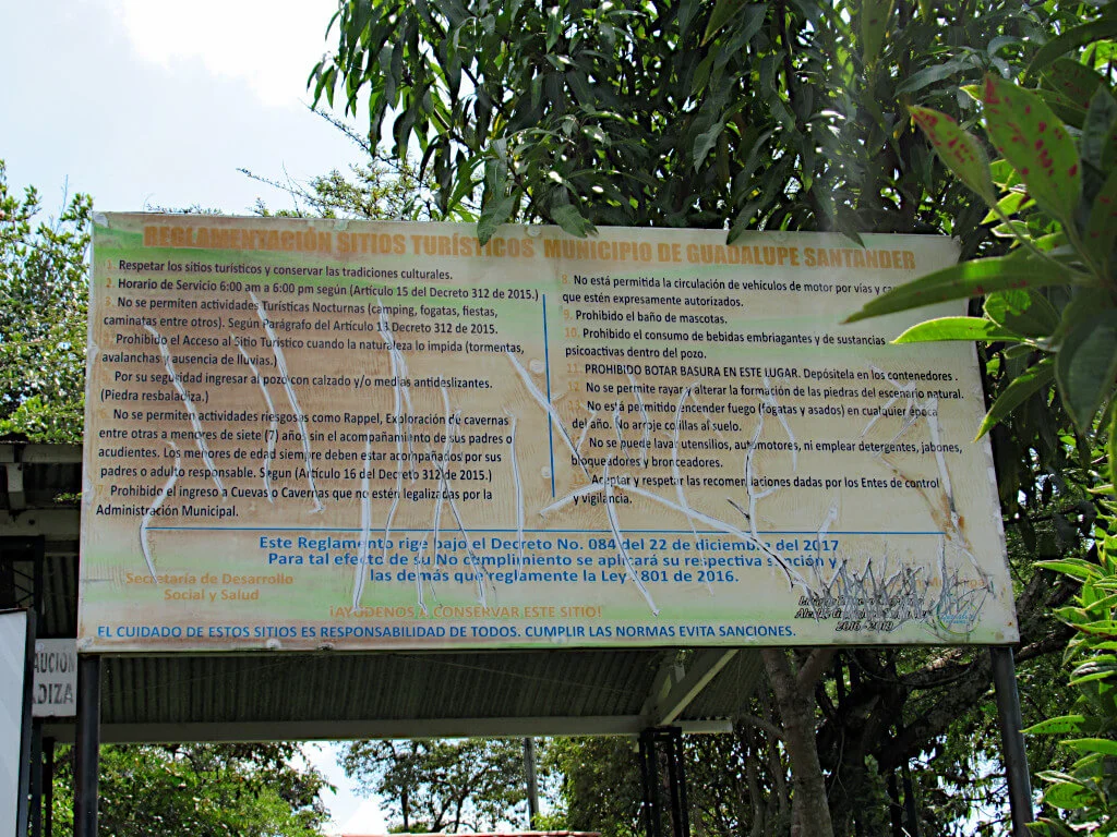 The rules of Quebrada Las Gachas in Guadalupe displayed on a sign