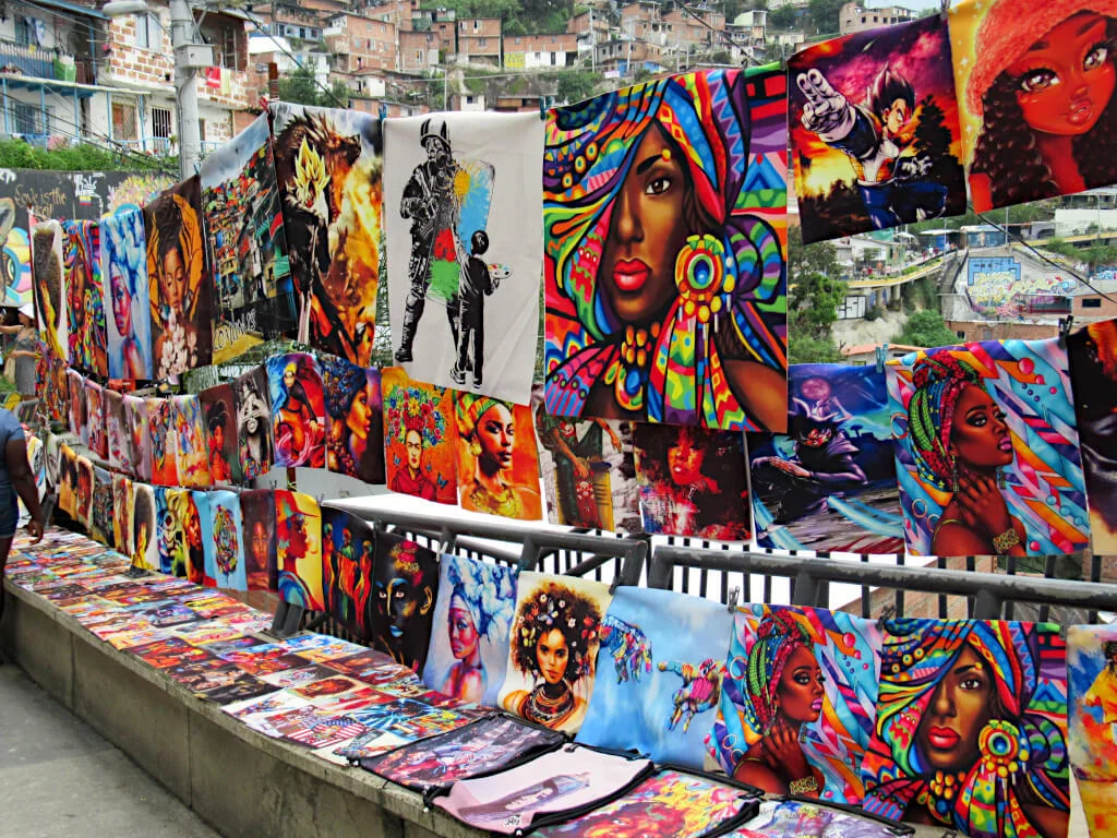 Vibrant artwork displayed on the street of Medellins 13th Comuna