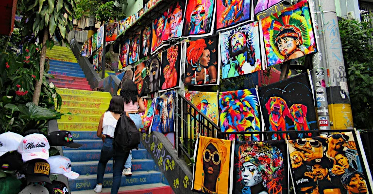 Bright artwork displayed on the streets of Comuna 13 Medellin