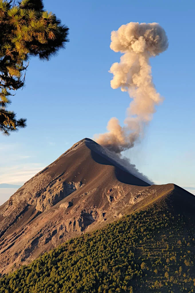 A large ash cloud erupts from Fuego Volcano, easily visible from base camp on Acatenango