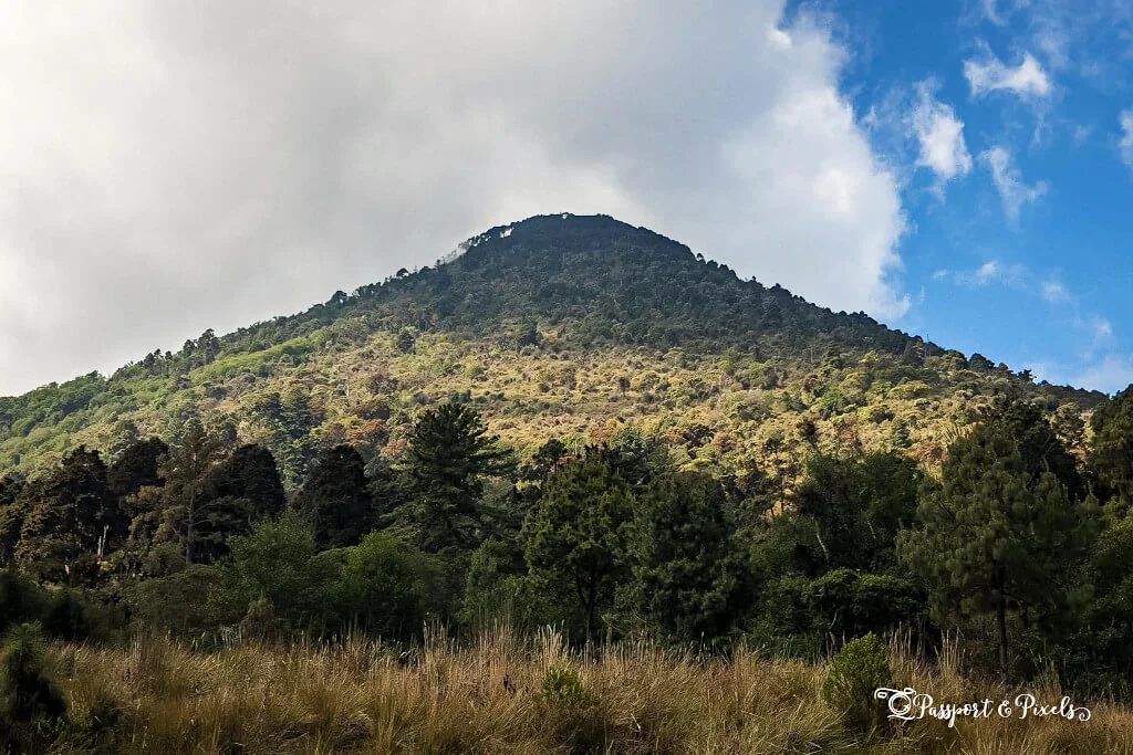 Santa Maria is one of the best options for hiking volcanoes in Guatemala. The cone-shaped, tree-covered volcano pictured against a blue sky with thick white cloud, looms in the background of Xela. 