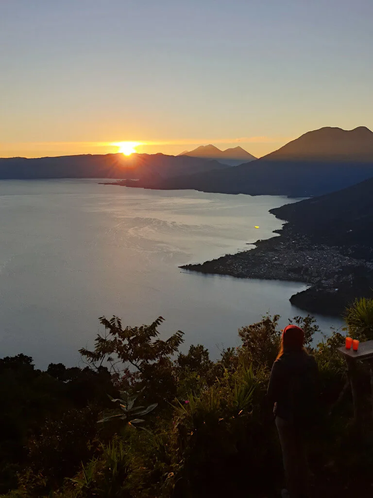 Watching the sunrise over Lake Atitlan next to Acatenango and Fuego Volcanos from Indian Nose