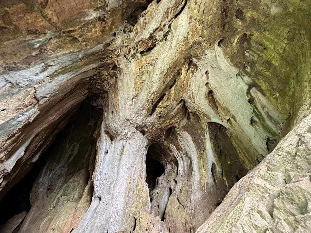 The walls and ceiling of Thor's Cave with green, white and brown rock