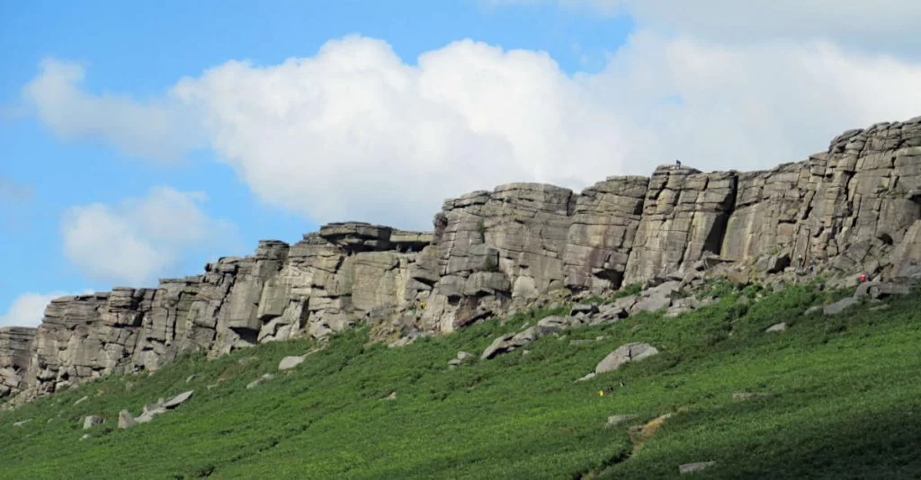 Looking up at Stanage Edge, near to Hathersage. The rocky cliff is striking and vertical