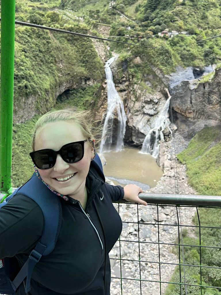 Zoe smiling on the cable car over the Agoyan Waterfall