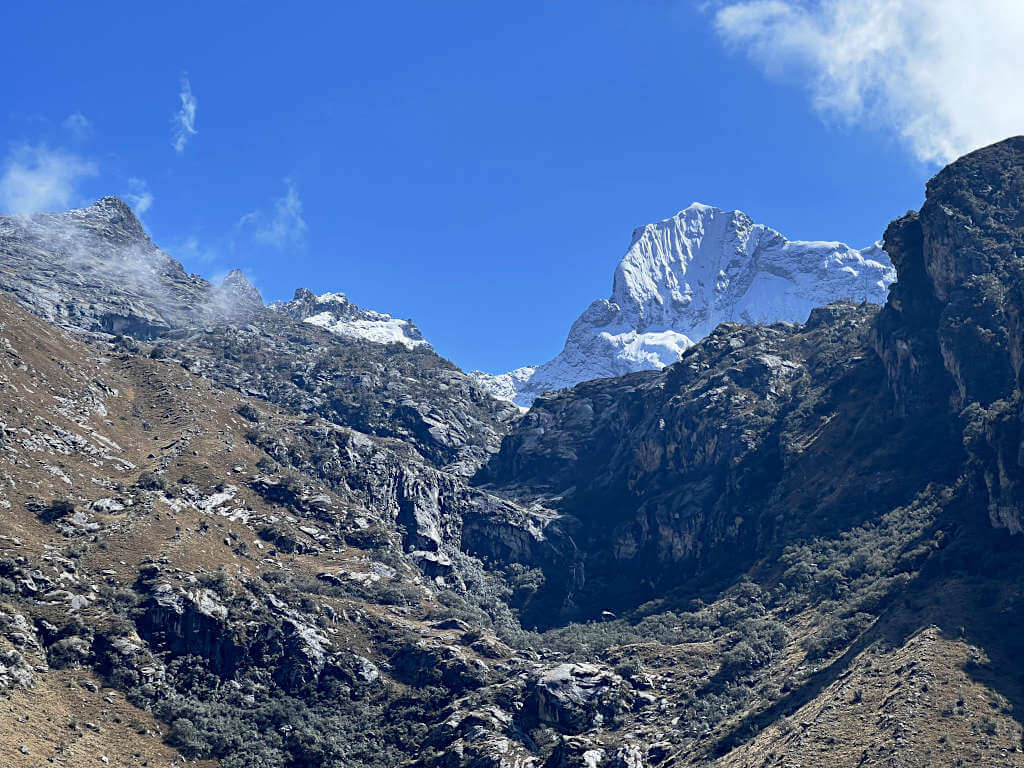 Looking up towards Laguna Churup and Nevado Churup beyond it