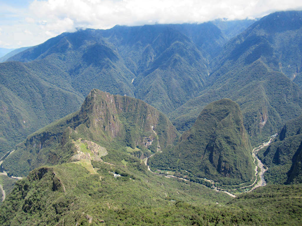 Looking down on Machu Picchu and Aguas Calientes from the top of Machu Picchu Mountain