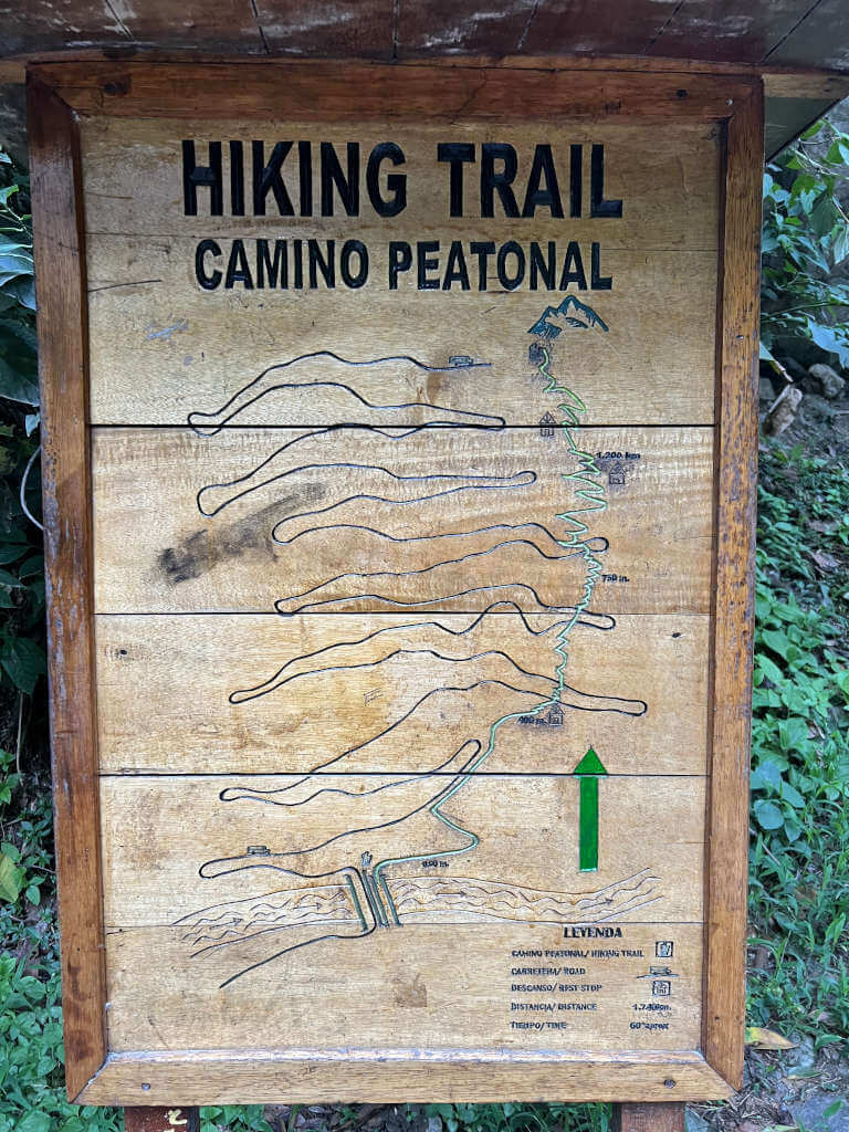 A sign indicating the trail to Machu Picchu, which cuts through the Hiram Bingham Highway