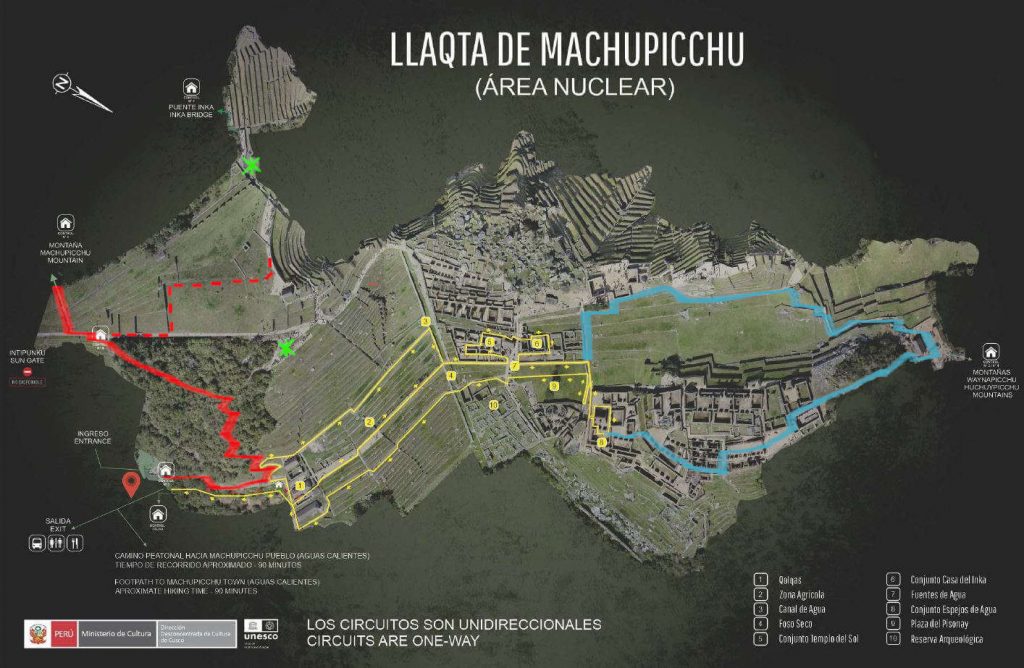 The access you will have with a ticket to climb Machu Picchu mountain shown by the red, yellow and blue trails