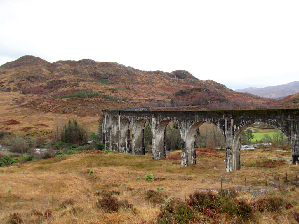 One of the Glenfinnan Viaduct viewpoints, level with the track with the mountains behind