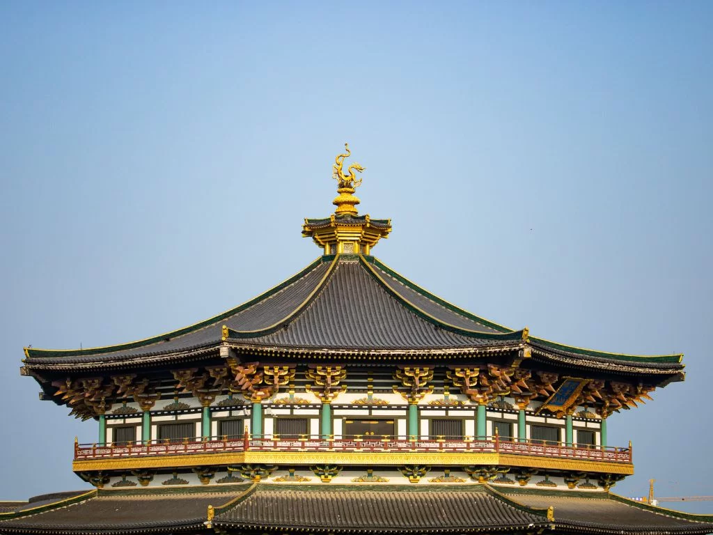 An upclose shot of a temple-like building in Shanghai