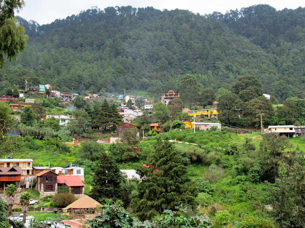 Looking up at the town on the hill side with bring roofs and painted walls, surrounded by lush green trees.
