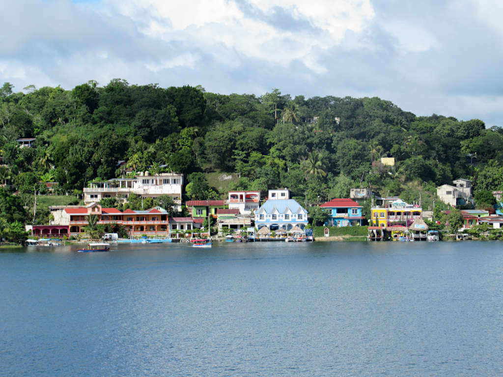 Buildings on the water's edge in Flores Guatemala