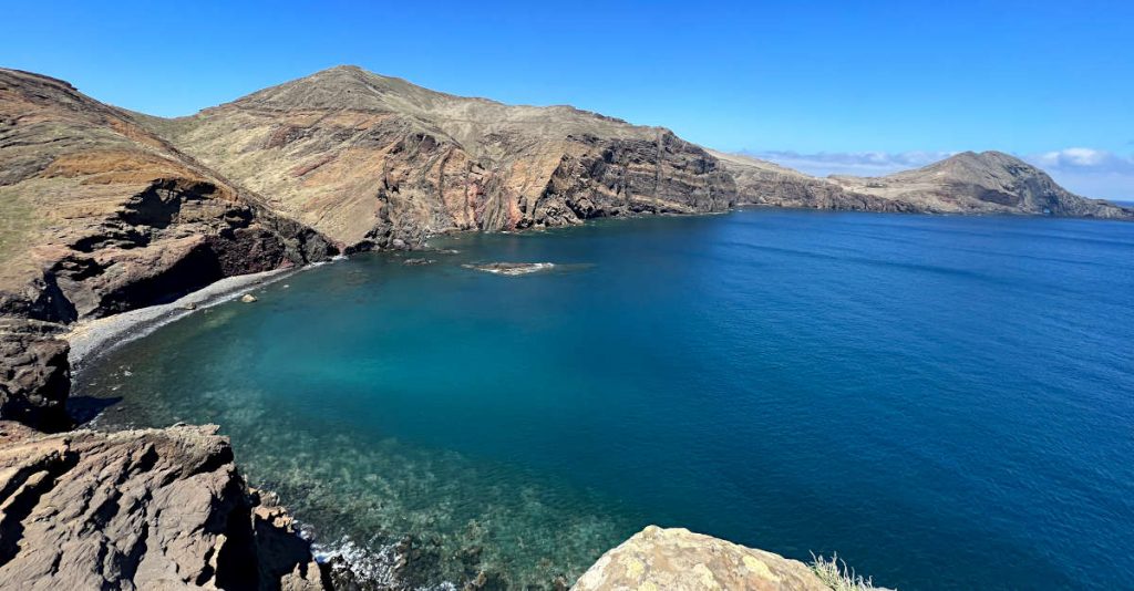 The Sao Laurenco trails are a must for your Madeira itinerary, the views are simply fantastic. Here, the rocky end of the island falls steeply into the blue sea below with a black sand beach and clear shallow water