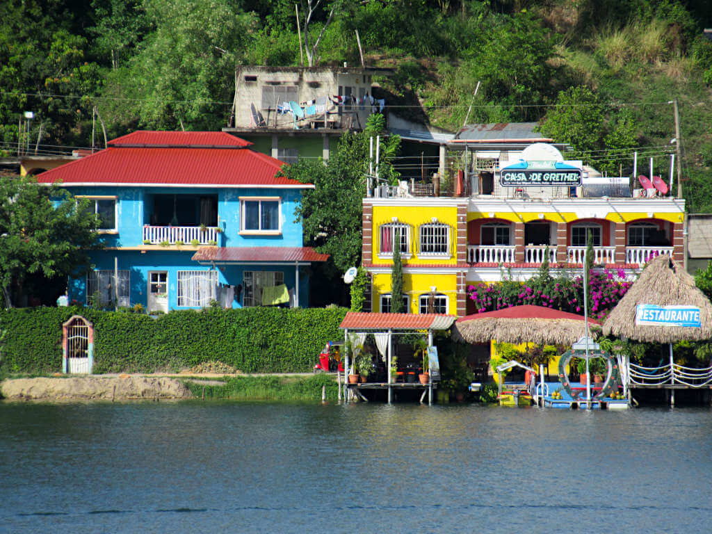 The colourful buildings in Flores, Guatemala with their heavy Caribbean influence