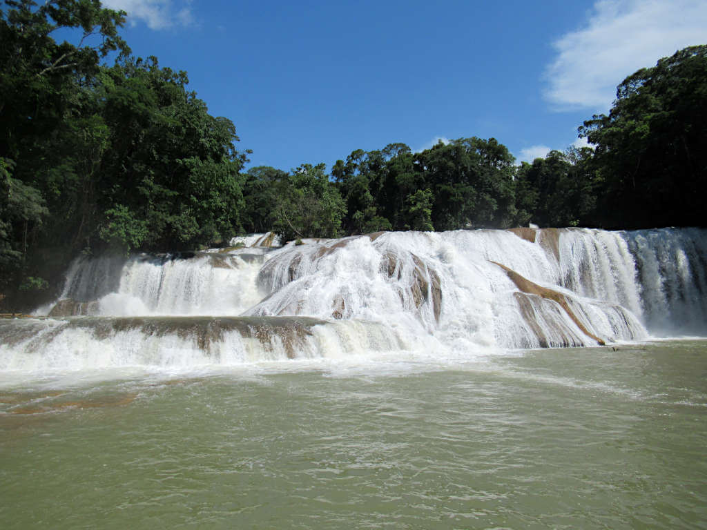 Agua Azul waterfalls in Chiapas, Mexico. Not so tall but wide and under a blue sky