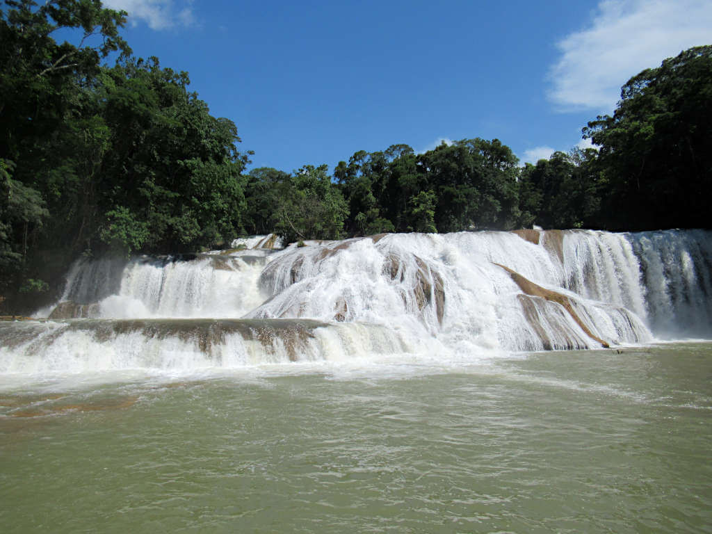 Agua Azul waterfalls in Chiapas, Mexico. Not so tall but wide and under a blue sky