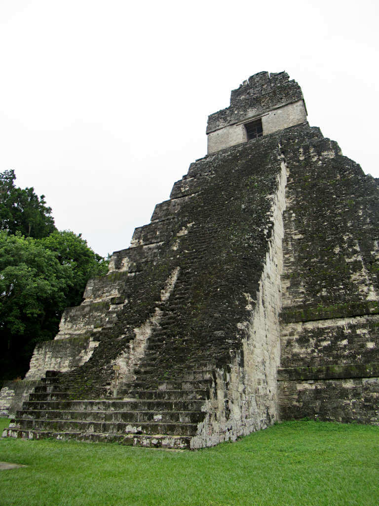 After you've travelled from Palenque to Flores you can visit Tikal and see temples like the one in the image which are incredibly well-preserved although covered in moss