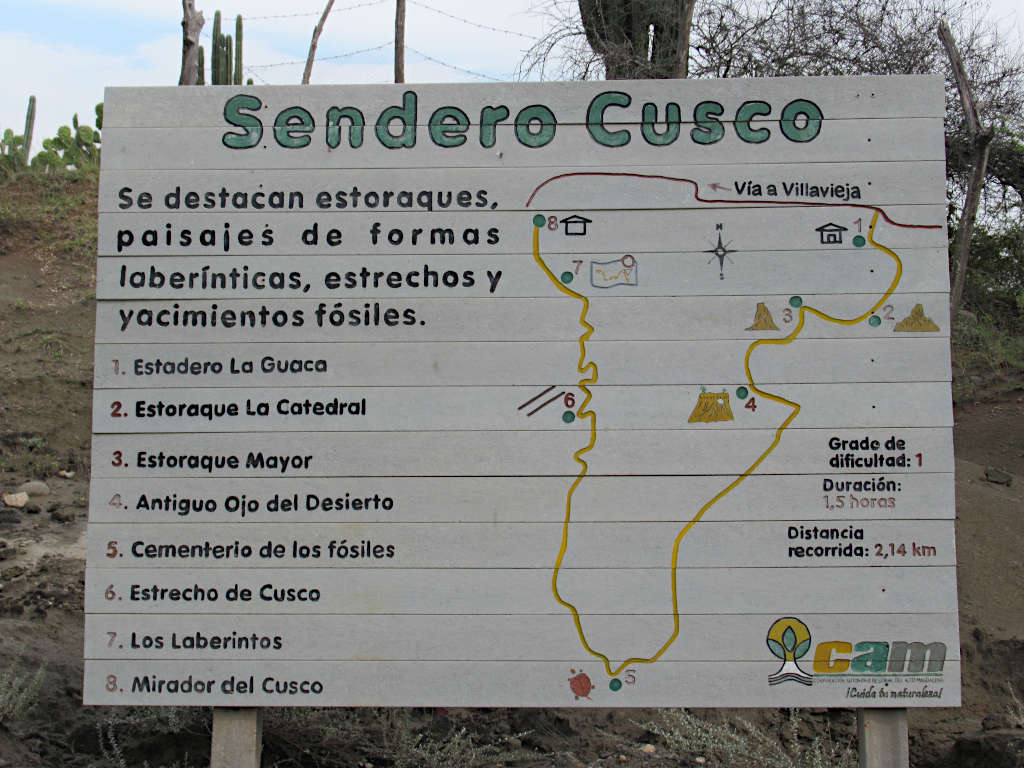 The Red Desert hiking trail shown on a sign in the Tatacoa Desert