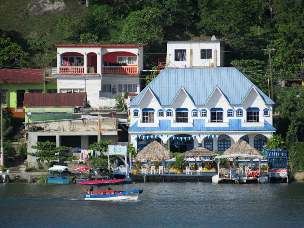Caribbean style buildings in Flores Guatemala, just across the border from Belize