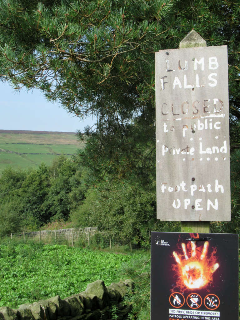 The start of the footpath to Lumb Hole Waterfall, which is located on private land with access allowed via the footpath