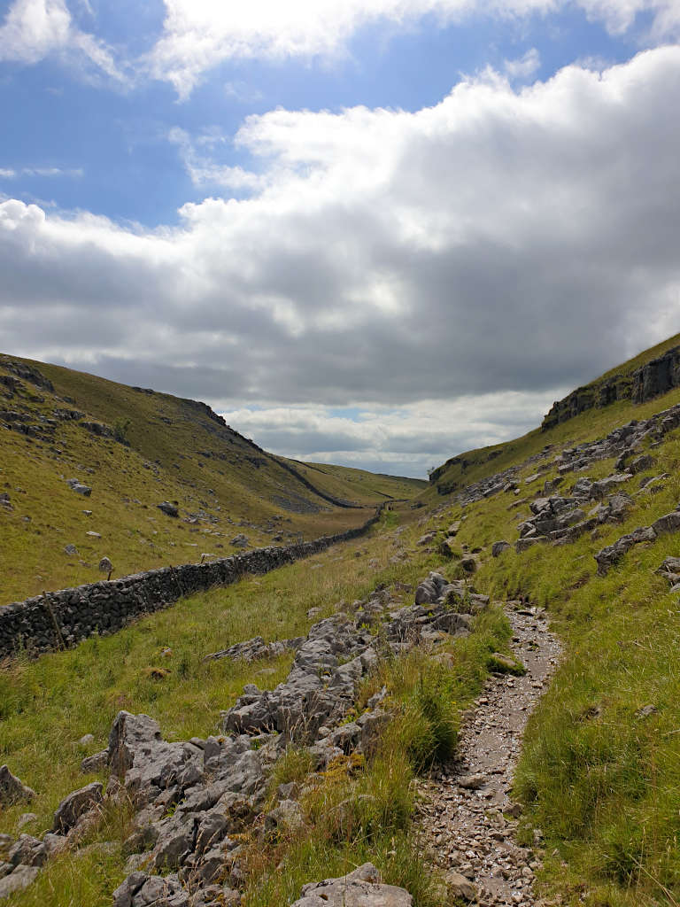 Between the hills of a rock-lined valley with a drystone wall running through the middle.