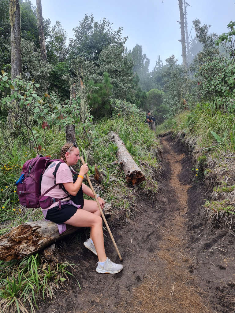Zoe sat on a tree trunk struggling with the long walk and high altitude. She is wearing a maroon 40-litre backpack and carrying a wooden walking pole.
