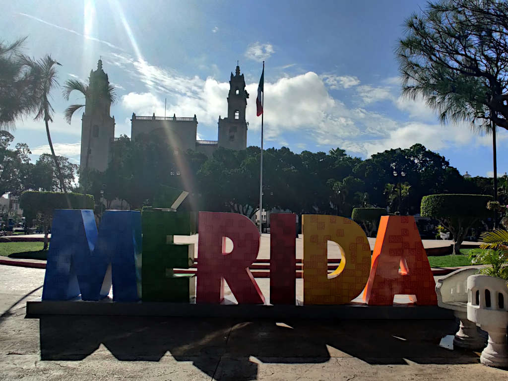 The large letters spelling out the word Merida in the main plaza of the city. The letters are large and brightly coloured